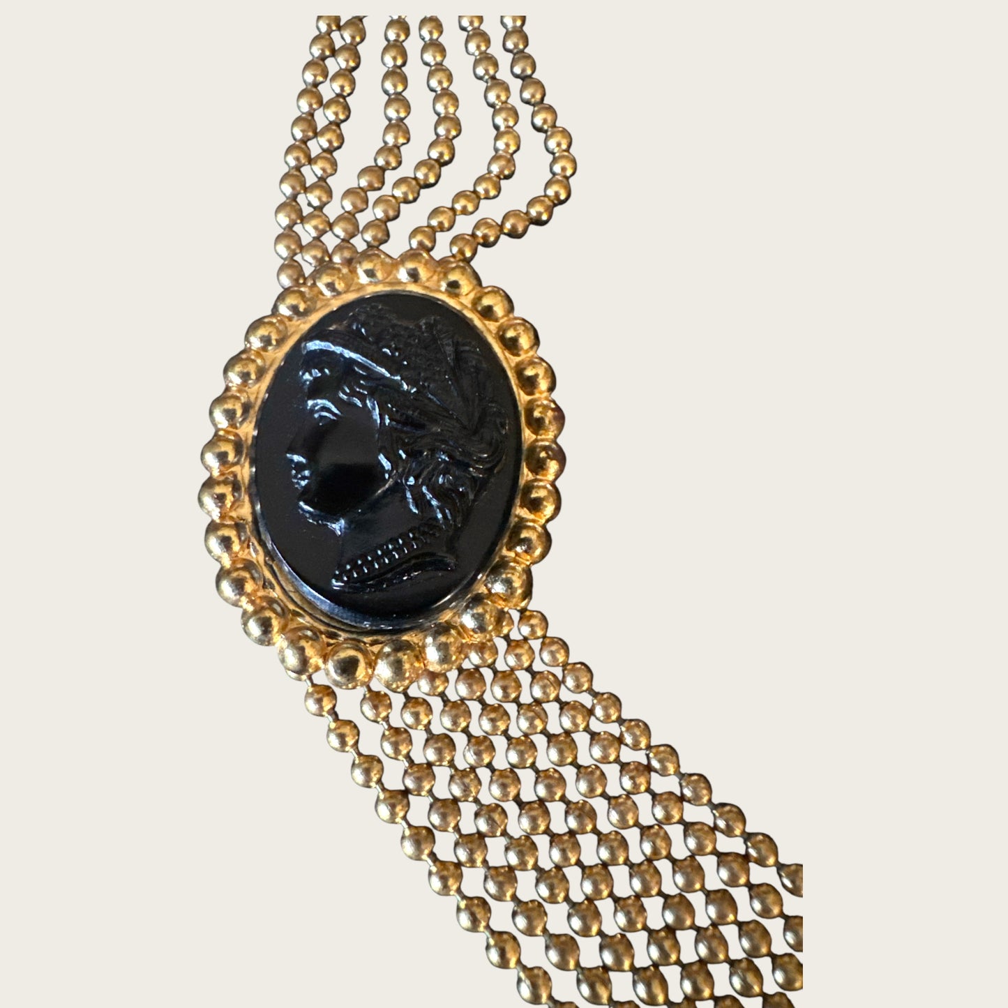 Vintage 1930s–1940s Multi-Strand Cameo Necklace – Gold-Tone Bead Chain with Black Celluloid Cameos & Patent Pending Clasp
