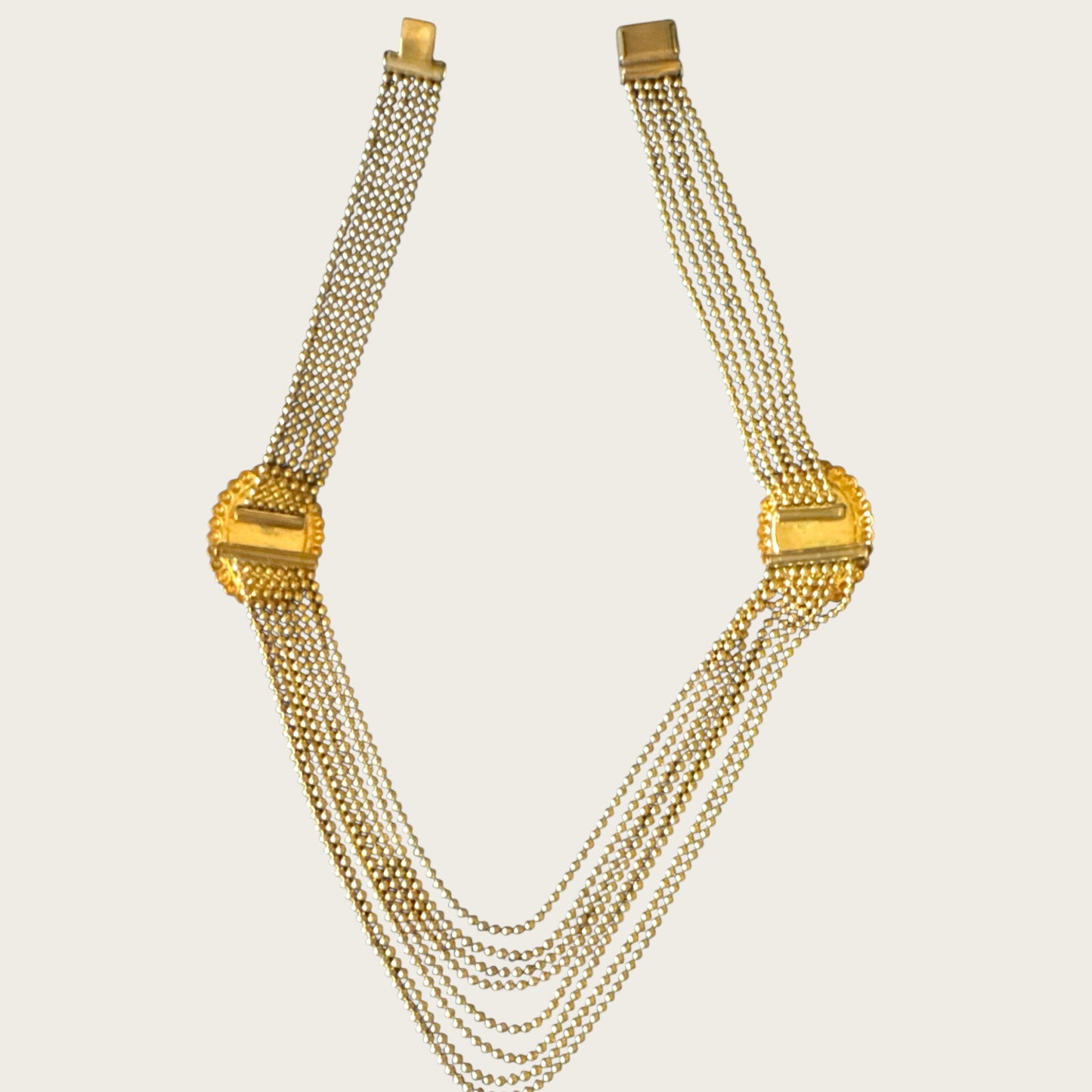 Vintage 1930s–1940s Multi-Strand Cameo Necklace – Gold-Tone Bead Chain with Black Celluloid Cameos & Patent Pending Clasp