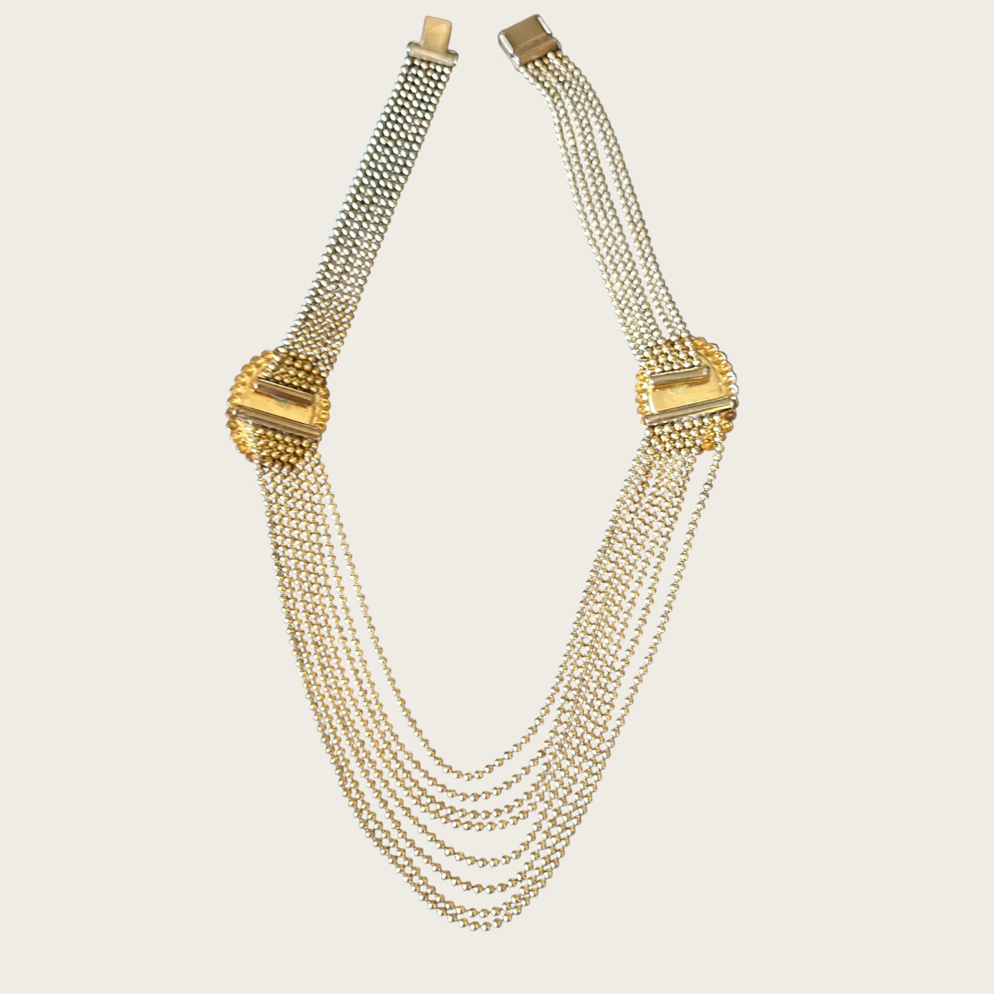 Vintage 1930s–1940s Multi-Strand Cameo Necklace – Gold-Tone Bead Chain with Black Celluloid Cameos & Patent Pending Clasp
