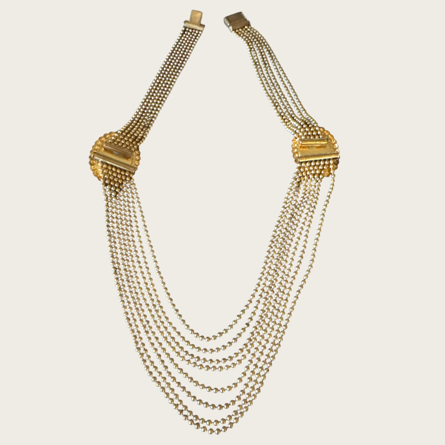Vintage 1930s–1940s Multi-Strand Cameo Necklace – Gold-Tone Bead Chain with Black Celluloid Cameos & Patent Pending Clasp