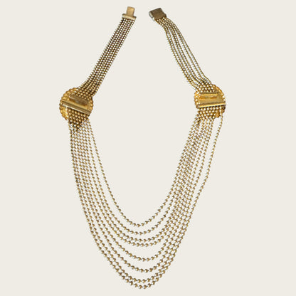 Vintage 1930s–1940s Multi-Strand Cameo Necklace – Gold-Tone Bead Chain with Black Celluloid Cameos & Patent Pending Clasp