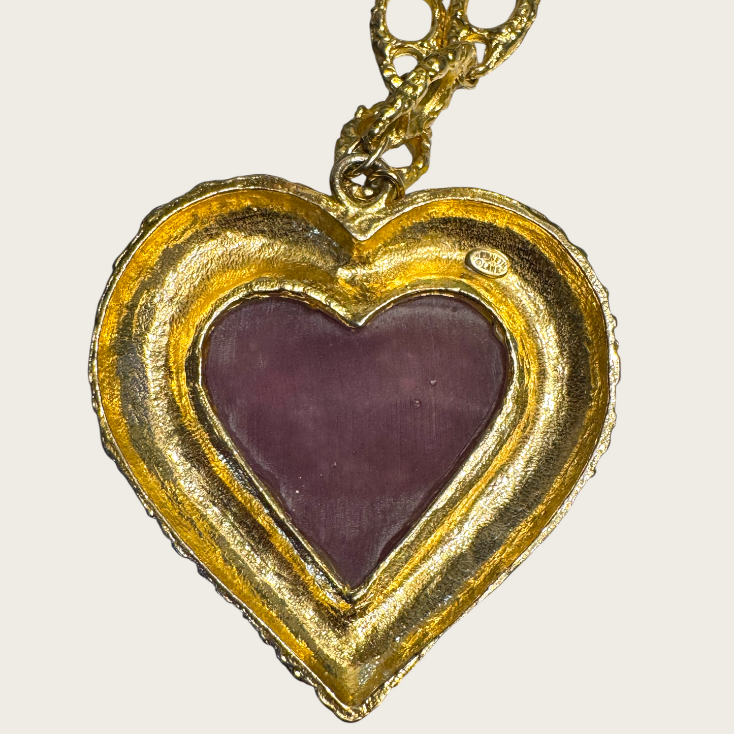 Rare Vintage Kenneth Jay Lane Couture Necklace – Sculptural Heart with Purple Druzy, Gold-Tone Open Link Chain (c. late 1970s–1980s)
