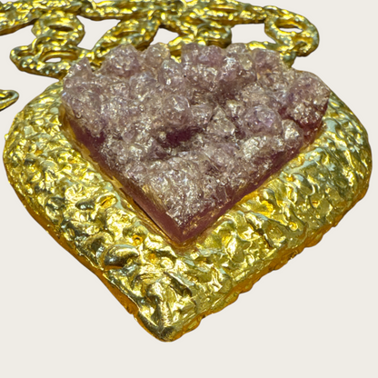 Rare Vintage Kenneth Jay Lane Couture Necklace – Sculptural Heart with Purple Druzy, Gold-Tone Open Link Chain (c. late 1970s–1980s)