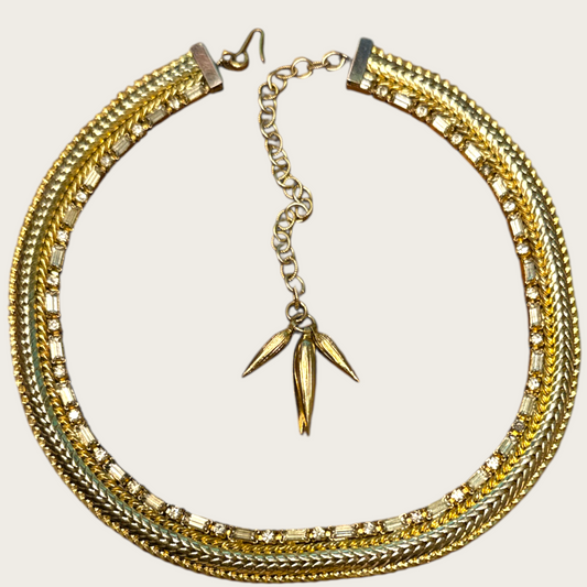 Vintage Hattie Carnegie Signed Rhinestone Choker – Gold-Tone Flat Link Design with Baguette & Round Stones, 1960s Cocktail Necklace