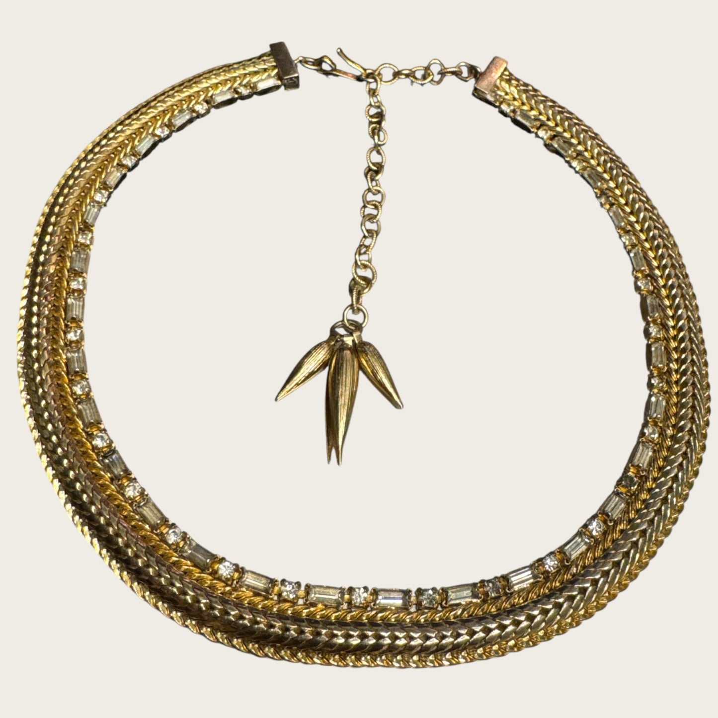 Vintage Hattie Carnegie Signed Rhinestone Choker – Gold-Tone Flat Link Design with Baguette & Round Stones, 1960s Cocktail Necklace
