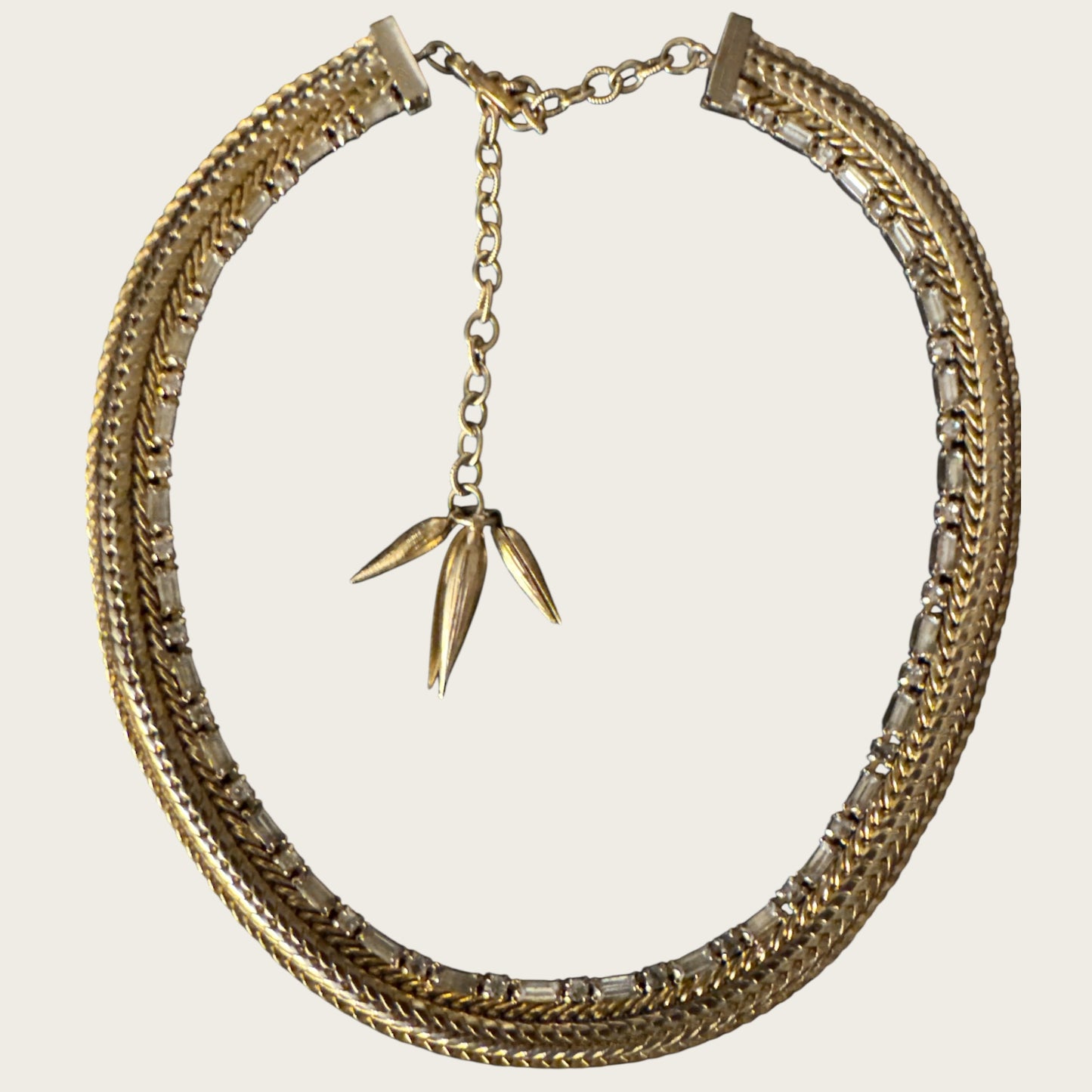 Vintage Hattie Carnegie Signed Rhinestone Choker – Gold-Tone Flat Link Design with Baguette & Round Stones, 1960s Cocktail Necklace