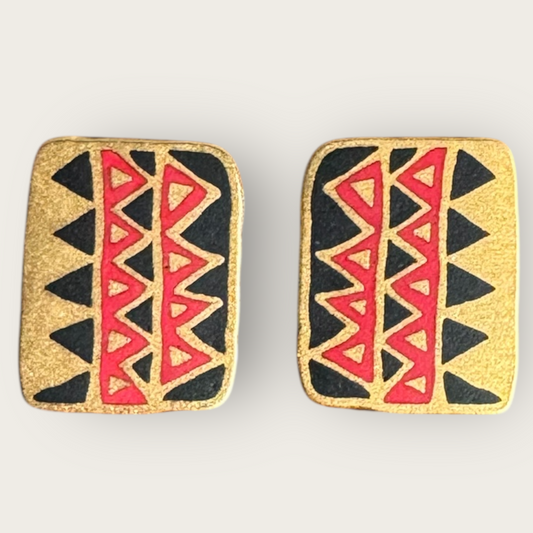 Vintage Laurel Burch Folkart Earrings – Red & Black Geometric Enamel on Matte Gold, Signed, 1980s Post Backs