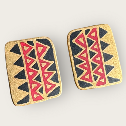 Vintage Laurel Burch Folkart Earrings – Red & Black Geometric Enamel on Matte Gold, Signed, 1980s Post Backs