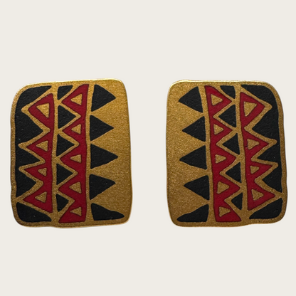 Vintage Laurel Burch Folkart Earrings – Red & Black Geometric Enamel on Matte Gold, Signed, 1980s Post Backs