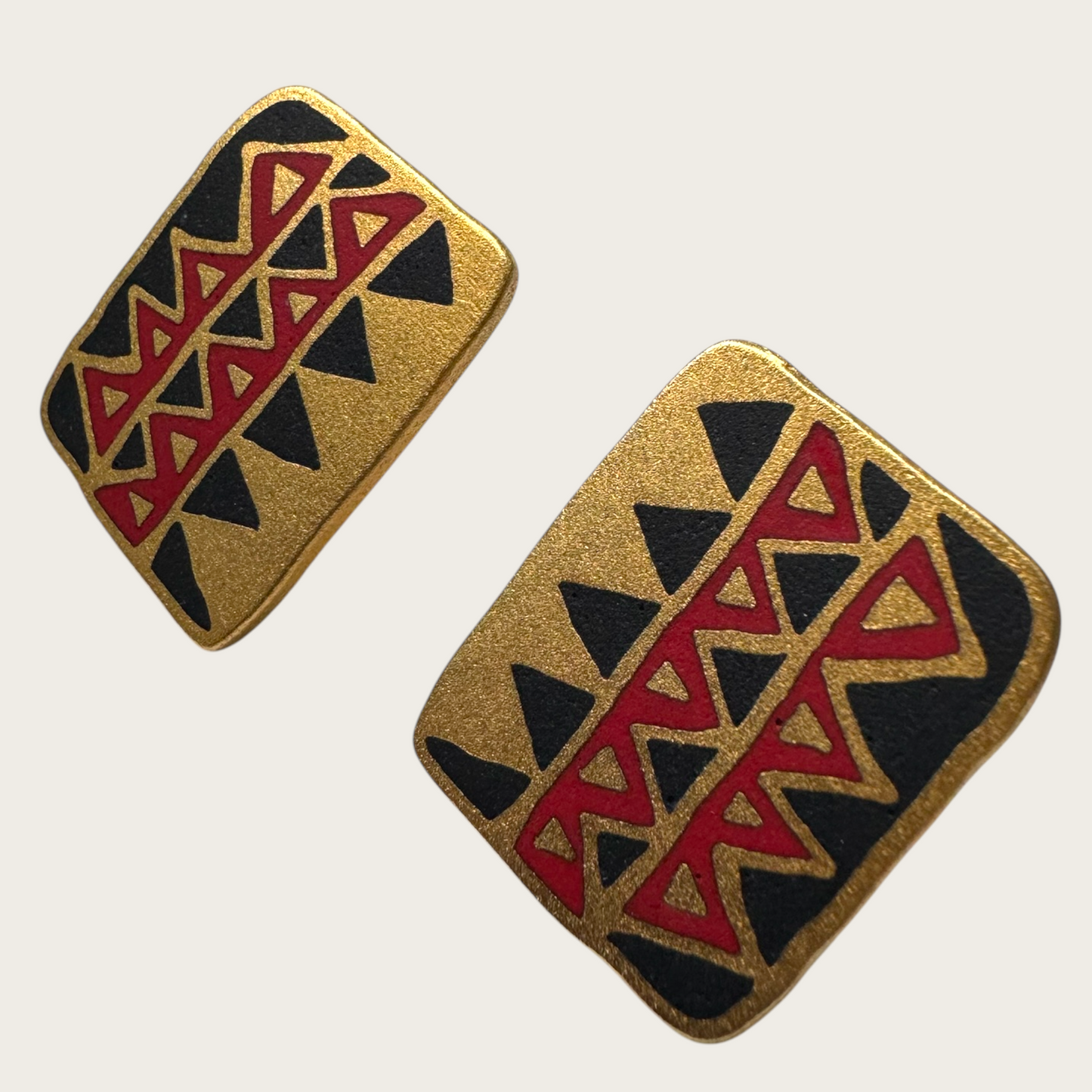 Vintage Laurel Burch Folkart Earrings – Red & Black Geometric Enamel on Matte Gold, Signed, 1980s Post Backs