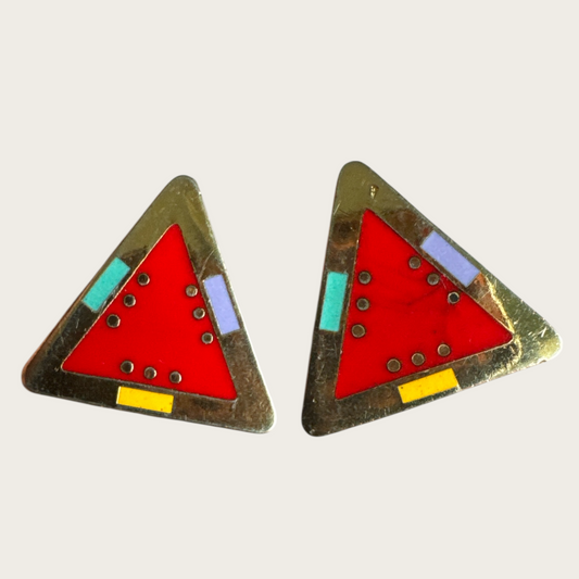 Vintage Laurel Burch Triangle Earrings – Red Enamel with Multicolor Stripes, Signed For Marie