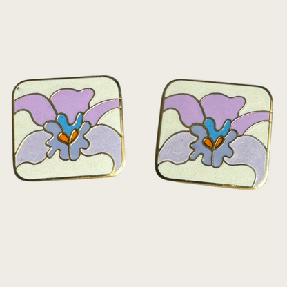 Vintage Laurel Burch Floral Enamel Earrings – Lavender & Blue on Cream, Signed 1980s Post Backs