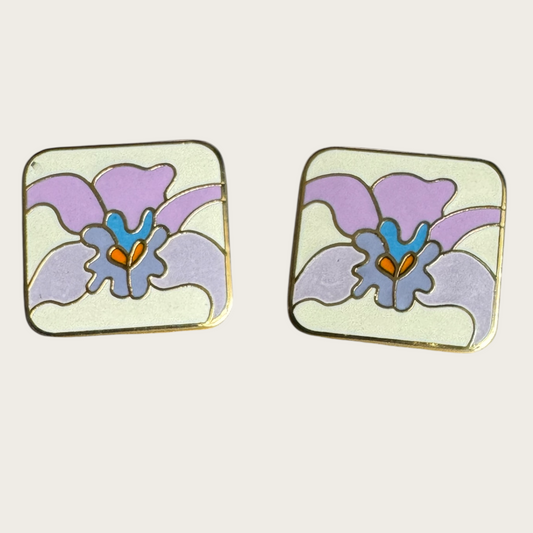 Vintage Laurel Burch Floral Enamel Earrings – Lavender & Blue on Cream, Signed 1980s Post Backs