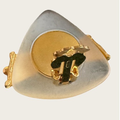 Vintage 1980s Lucite & Gold-Tone Statement Clip-On Earrings – Black Cabochon, Frosted Triangular Design