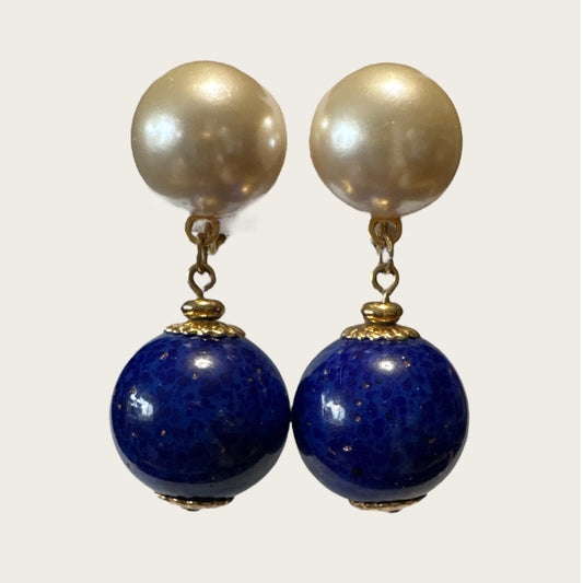 Vintage Napier Pearl & Lapis-Glass Dangle Earrings – Gold-Tone Signed Screw Back, 1950s