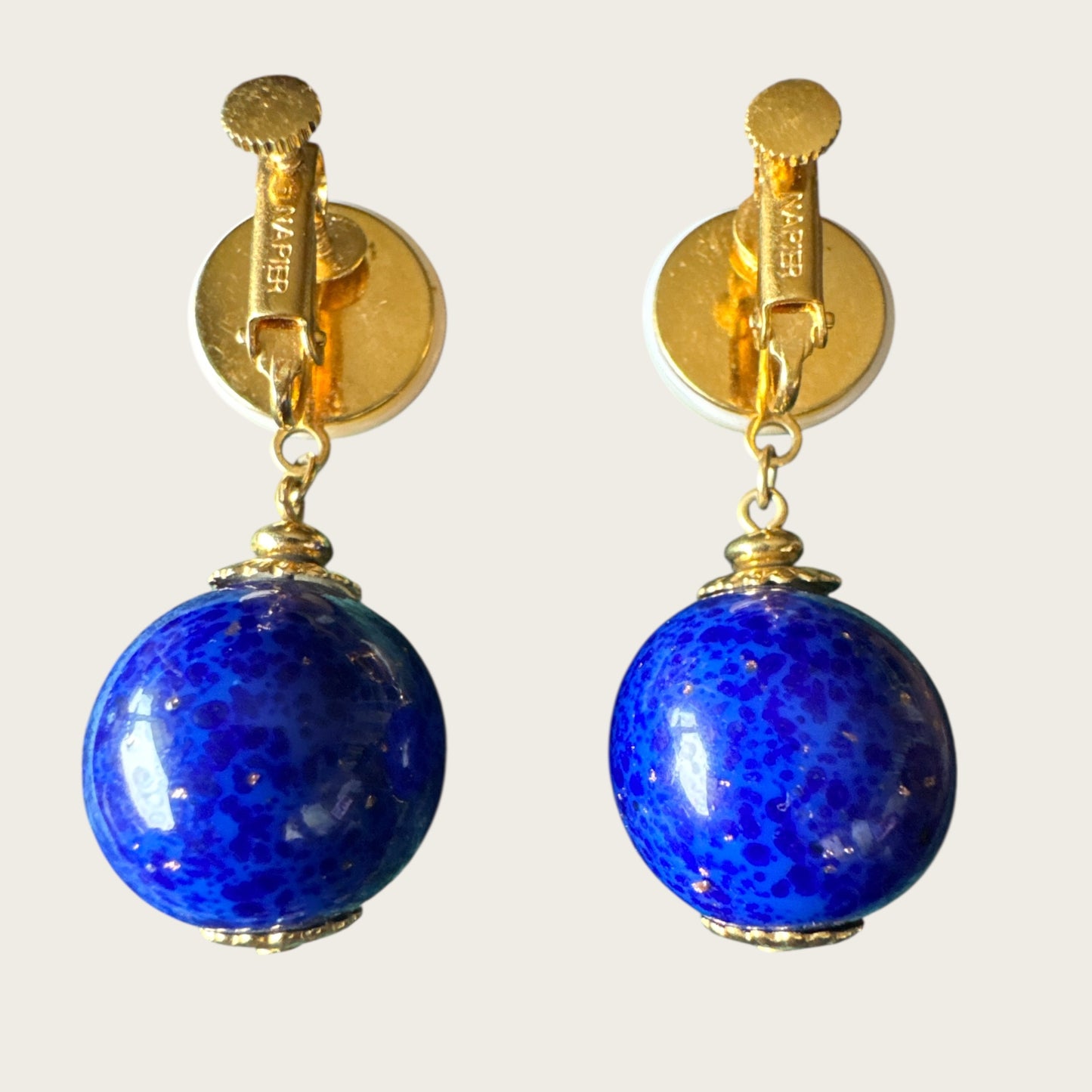 Vintage Napier Pearl & Lapis-Glass Dangle Earrings – Gold-Tone Signed Screw Back, 1950s