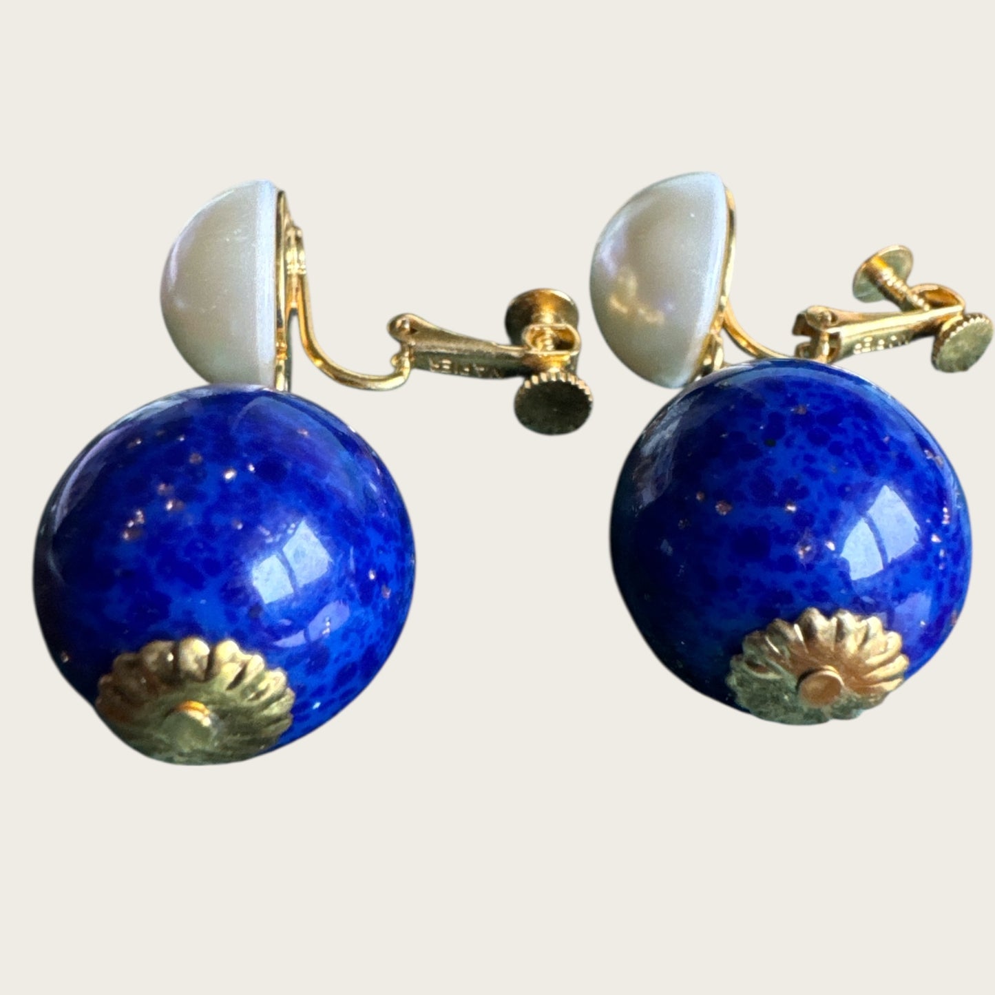 Vintage Napier Pearl & Lapis-Glass Dangle Earrings – Gold-Tone Signed Screw Back, 1950s