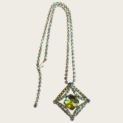 Vintage Domed Rhinestone Statement Necklace – Rare Square Rivoli Center with AB Green & Blue Stones, 1950s