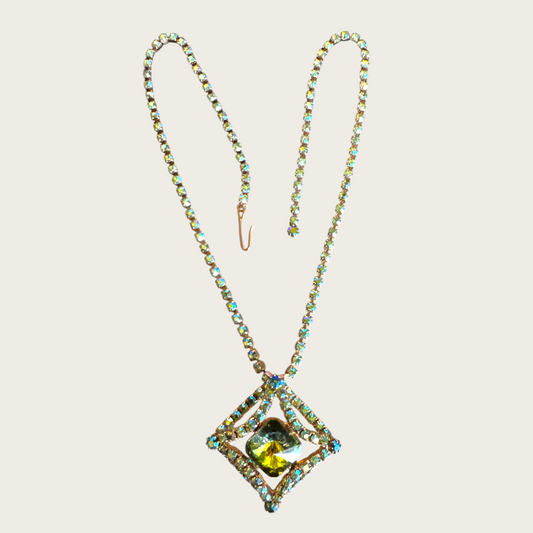 Vintage Domed Rhinestone Statement Necklace – Rare Square Rivoli Center with AB Green & Blue Stones, 1950s