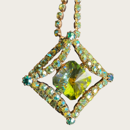 Vintage Domed Rhinestone Statement Necklace – Rare Square Rivoli Center with AB Green & Blue Stones, 1950s