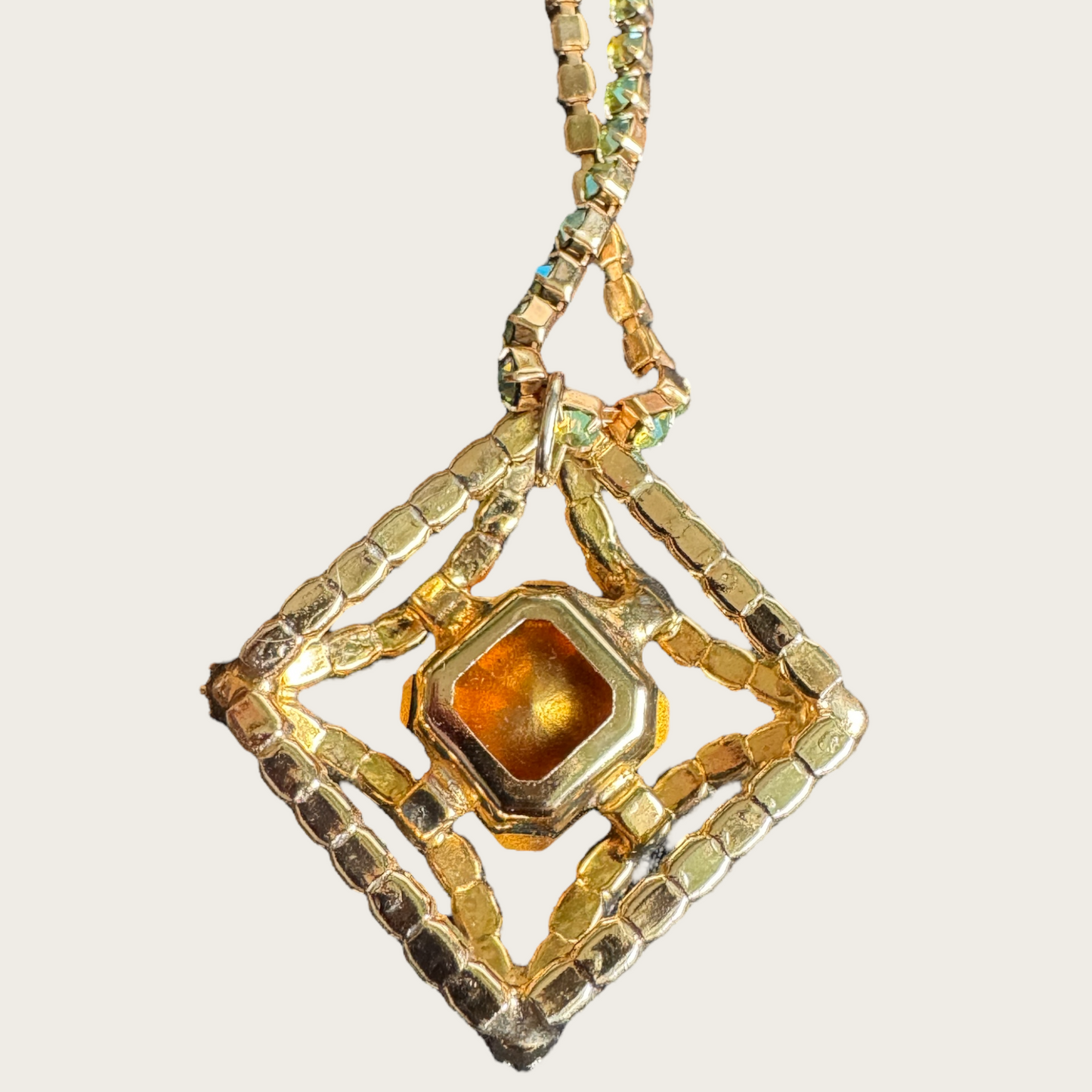 Vintage Domed Rhinestone Statement Necklace – Rare Square Rivoli Center with AB Green & Blue Stones, 1950s
