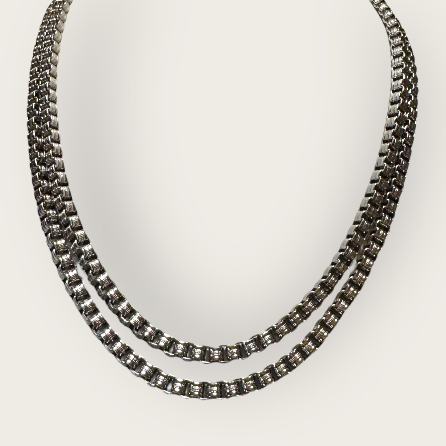 Miriam Haskell Silver-Tone Box Chain Necklace – Signed, Patent 3427691, 35 Inch Vintage