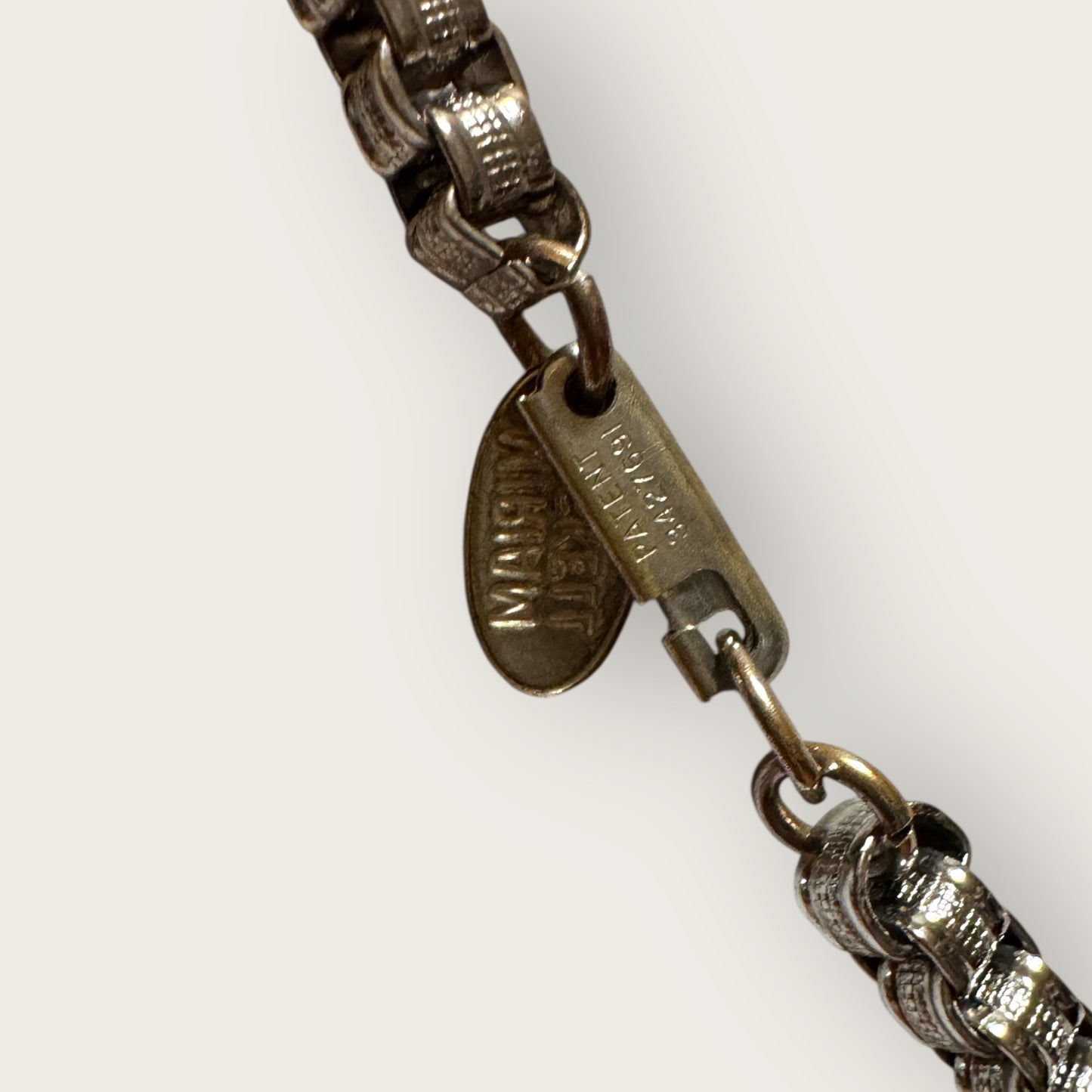 Miriam Haskell Silver-Tone Box Chain Necklace – Signed, Patent 3427691, 35 Inch Vintage