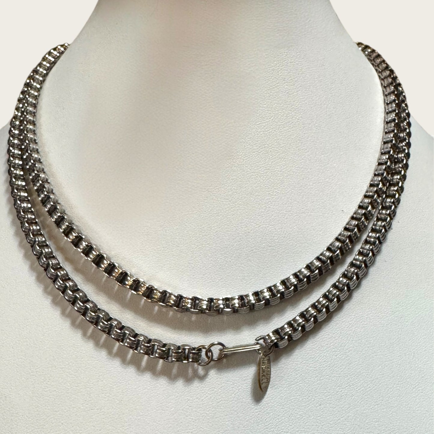 Miriam Haskell Silver-Tone Box Chain Necklace – Signed, Patent 3427691, 35 Inch Vintage