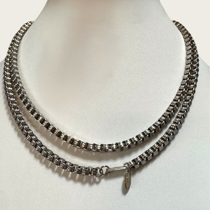 Miriam Haskell Silver-Tone Box Chain Necklace – Signed, Patent 3427691, 35 Inch Vintage