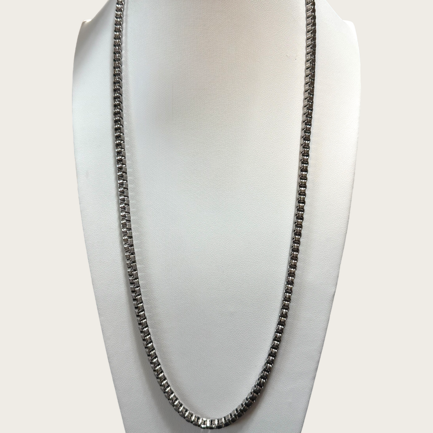 Miriam Haskell Silver-Tone Box Chain Necklace – Signed, Patent 3427691, 35 Inch Vintage