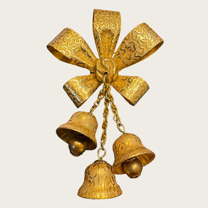 Miriam Haskell Gold Bow & Dangling Bell Brooch – Signed Vintage