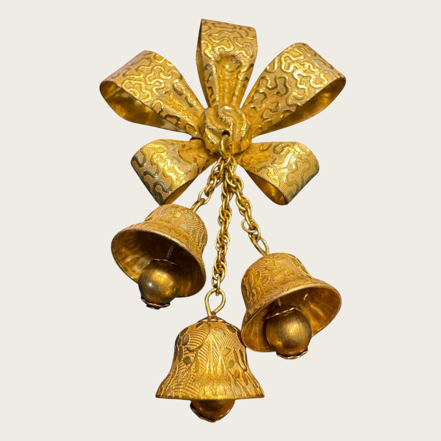 Miriam Haskell Gold Bow & Dangling Bell Brooch – Signed Vintage