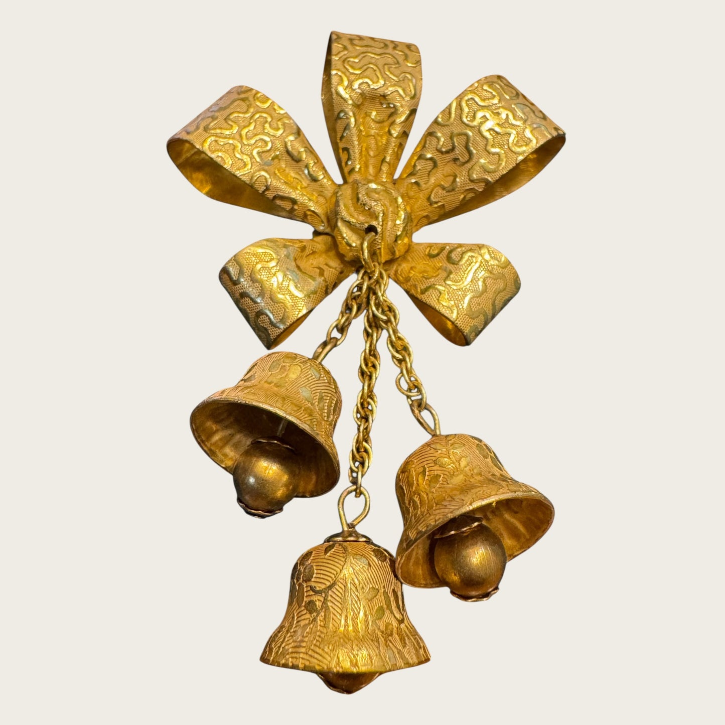 Miriam Haskell Gold Bow & Dangling Bell Brooch – Signed Vintage