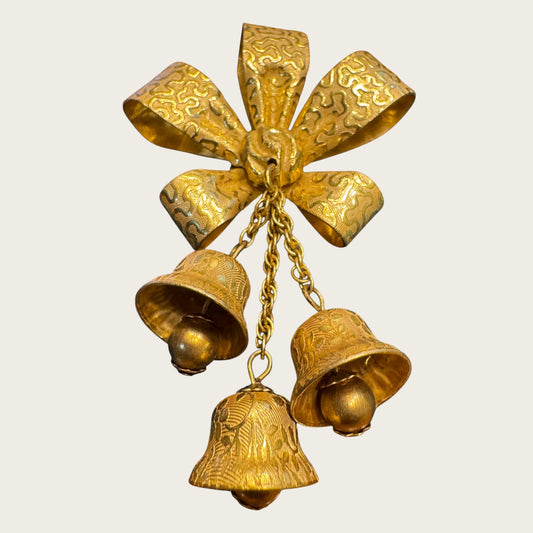 Miriam Haskell Gold Bow & Dangling Bell Brooch – Signed Vintage