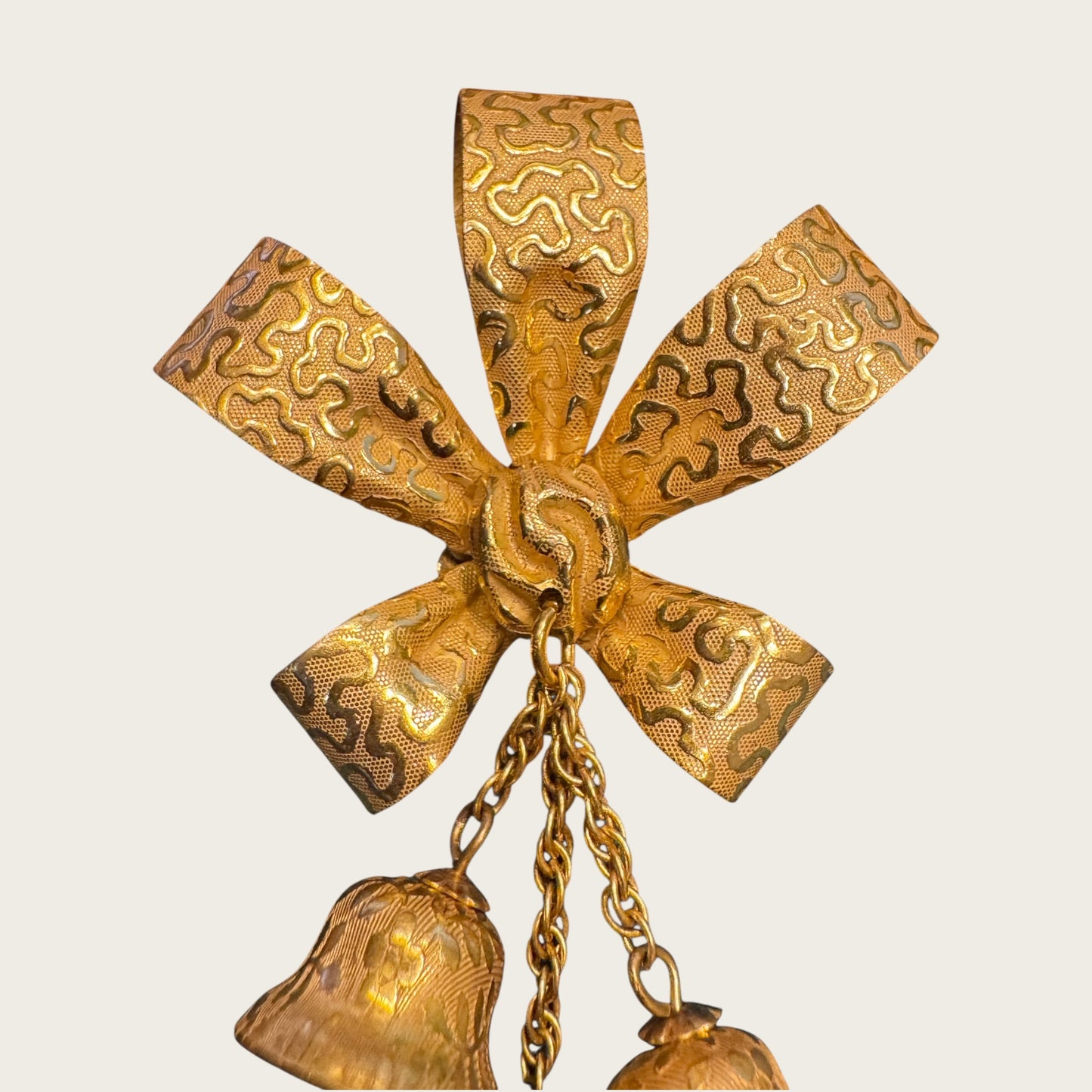 Miriam Haskell Gold Bow & Dangling Bell Brooch – Signed Vintage