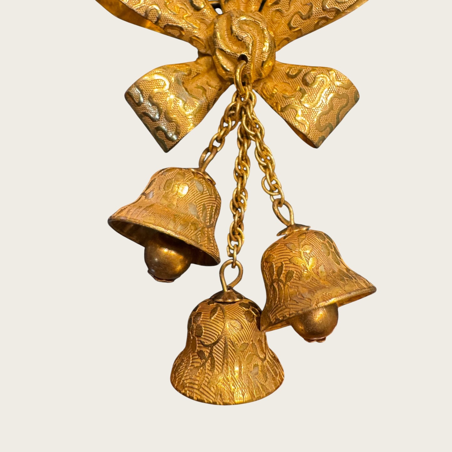Miriam Haskell Gold Bow & Dangling Bell Brooch – Signed Vintage