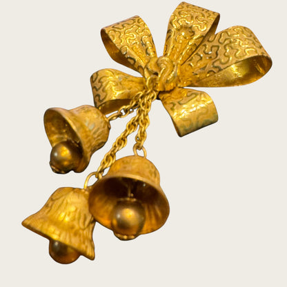 Miriam Haskell Gold Bow & Dangling Bell Brooch – Signed Vintage