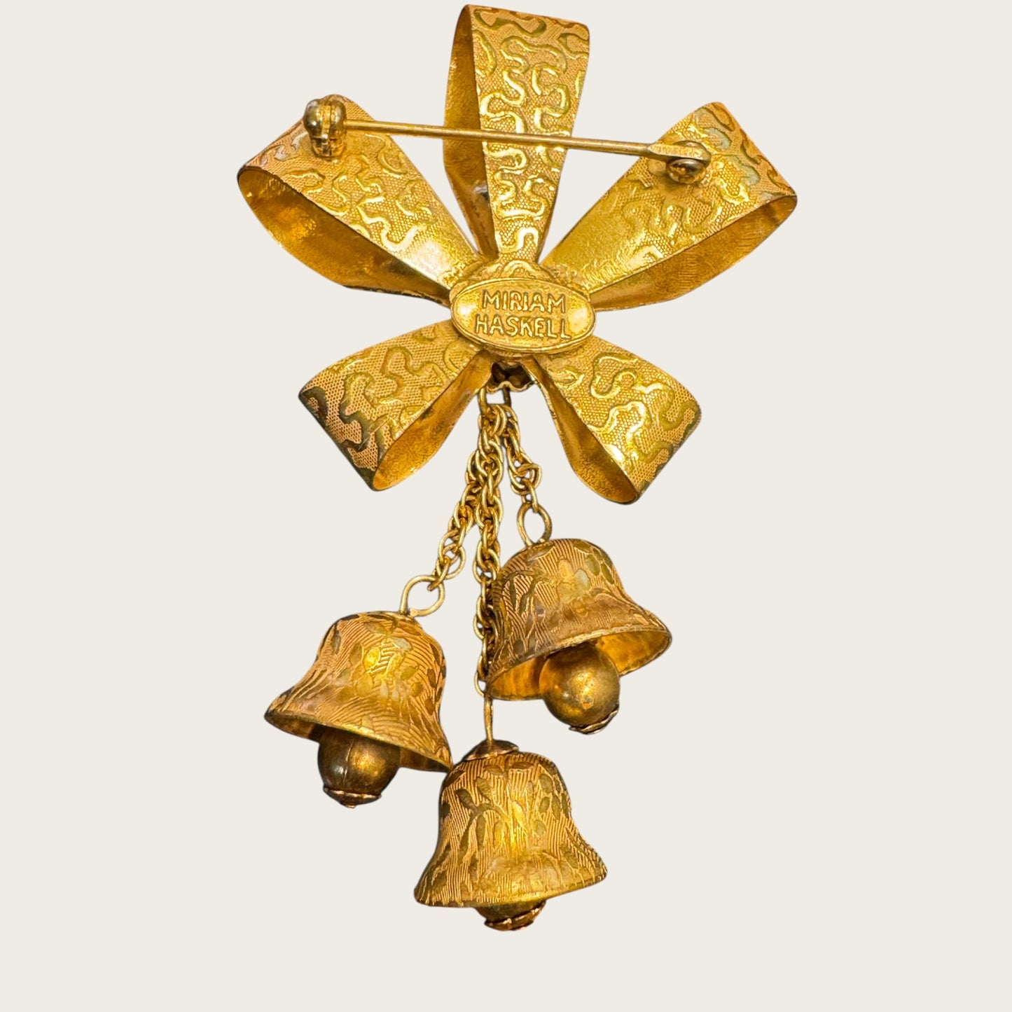Miriam Haskell Gold Bow & Dangling Bell Brooch – Signed Vintage
