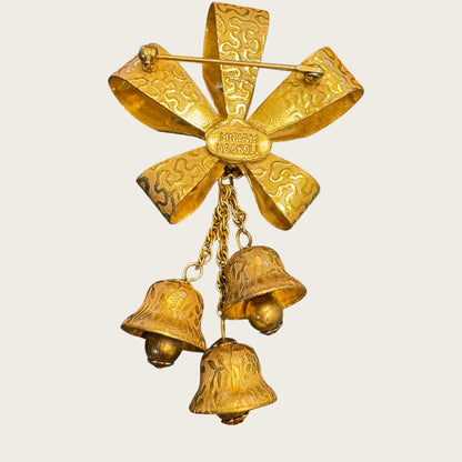 Miriam Haskell Gold Bow & Dangling Bell Brooch – Signed Vintage
