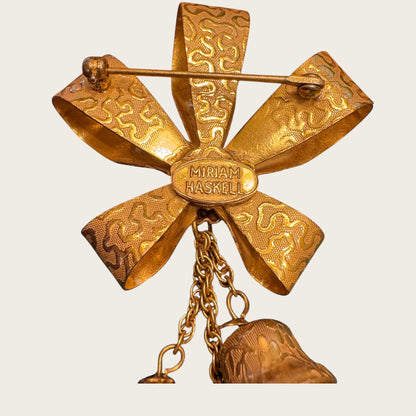 Miriam Haskell Gold Bow & Dangling Bell Brooch – Signed Vintage