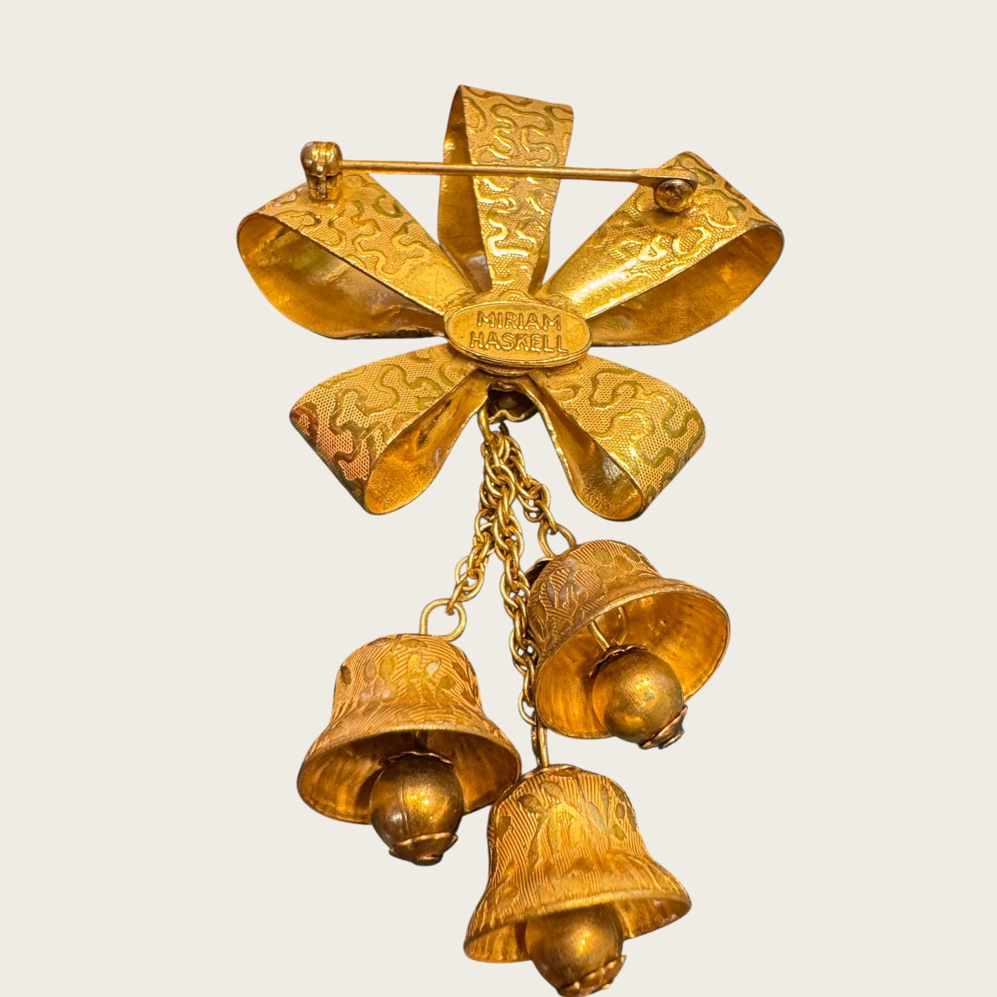 Miriam Haskell Gold Bow & Dangling Bell Brooch – Signed Vintage