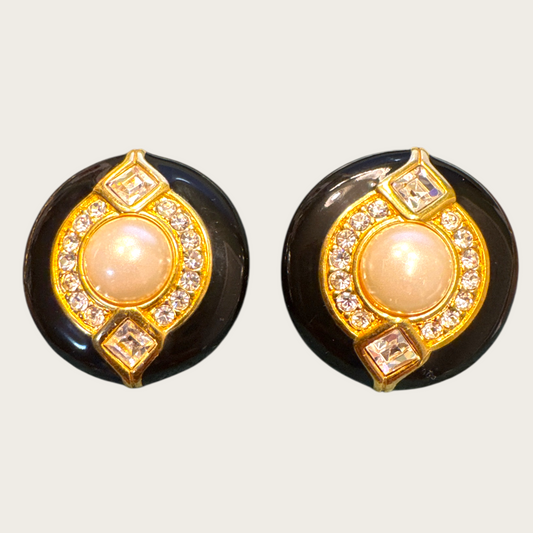 Vintage Swarovski Black Enamel & Crystal Earrings – Signed, Post Back