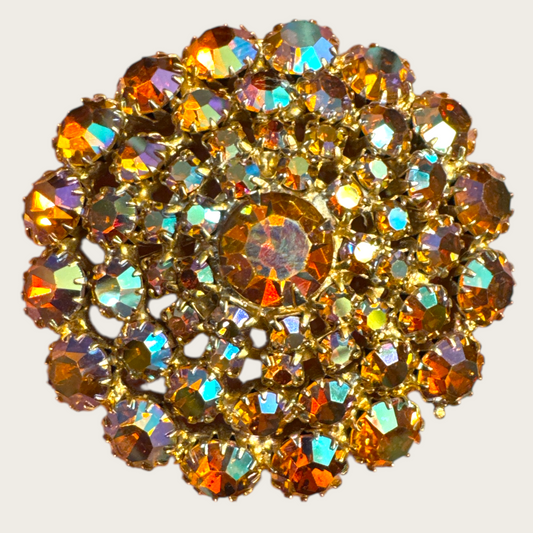 Vintage Amber Aurora Borealis Rhinestone Domed Brooch – Gold Tone Round Pin, 1950s