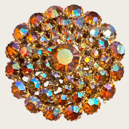 Vintage Amber Aurora Borealis Rhinestone Domed Brooch – Gold Tone Round Pin, 1950s
