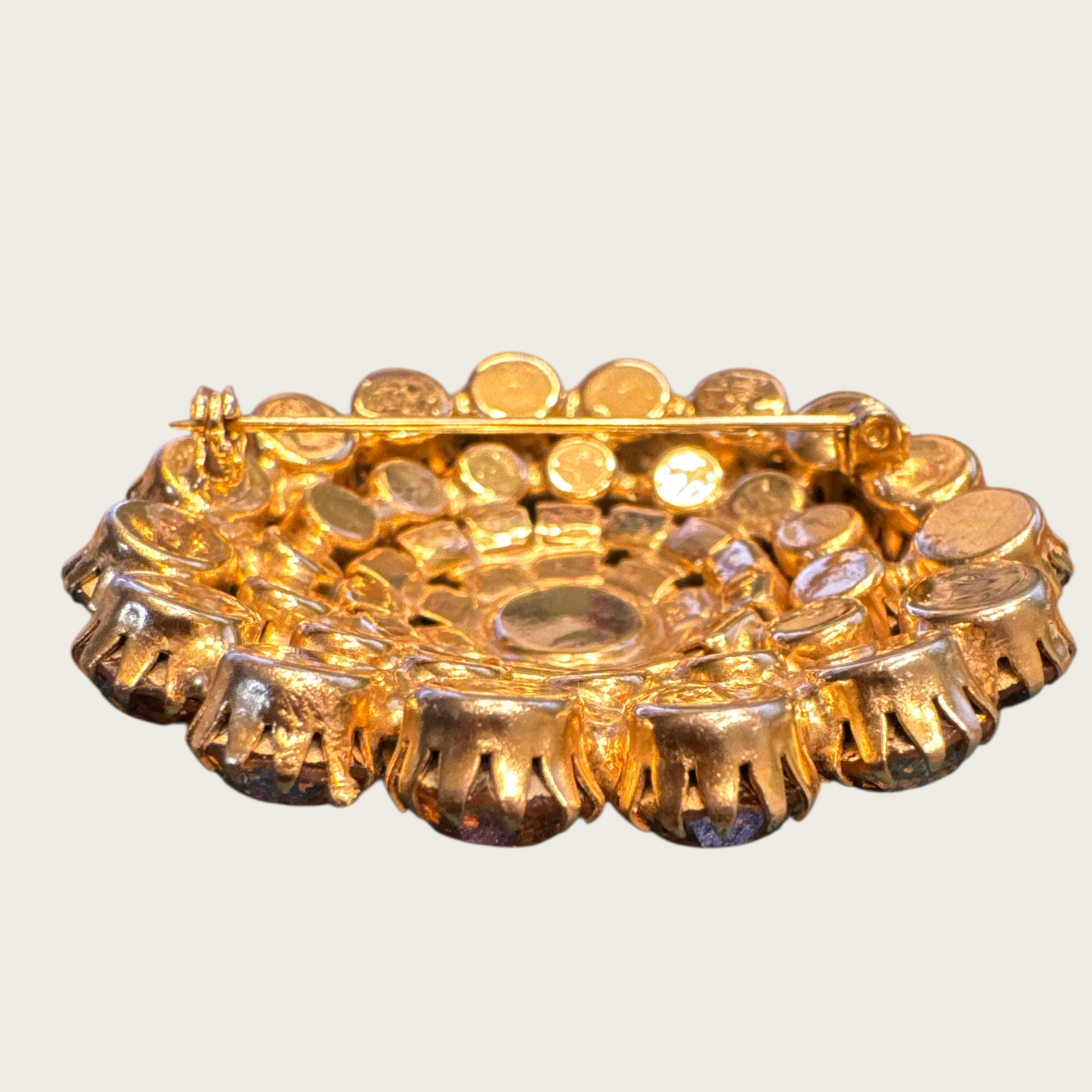 Vintage Amber Aurora Borealis Rhinestone Domed Brooch – Gold Tone Round Pin, 1950s