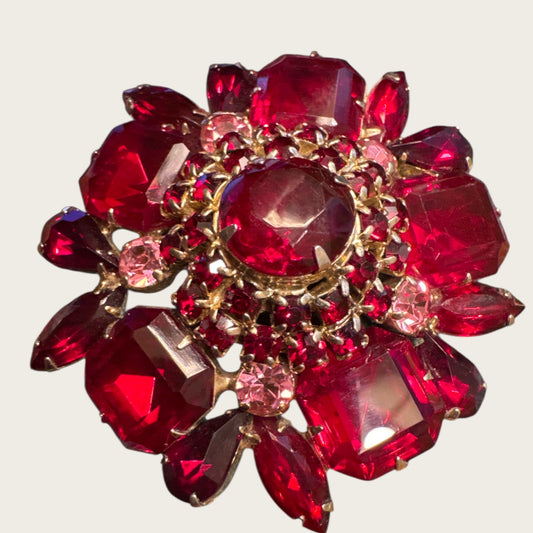 Vintage Ruby Red Domed Rhinestone Brooch – 2 ½ Inch Gold Tone Floral Statement Pin, 1950s