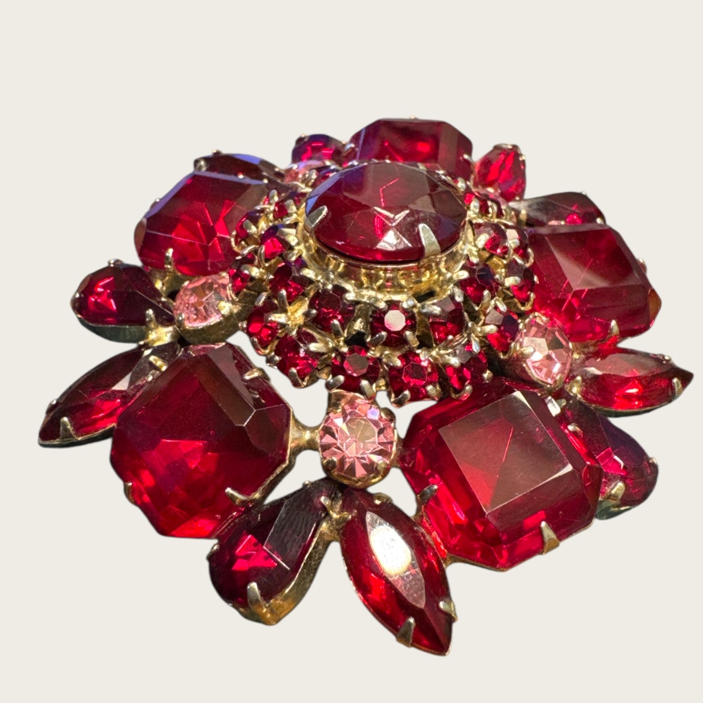 Vintage Ruby Red Domed Rhinestone Brooch – 2 ½ Inch Gold Tone Floral Statement Pin, 1950s