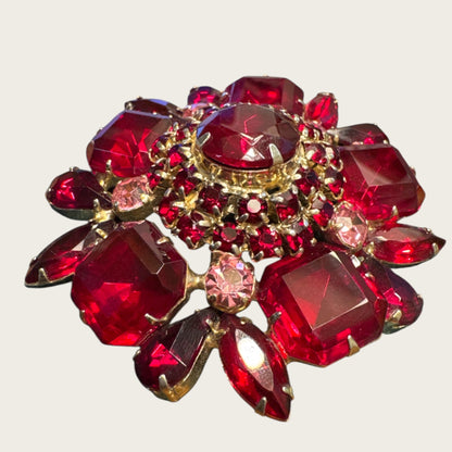 Vintage Ruby Red Domed Rhinestone Brooch – 2 ½ Inch Gold Tone Floral Statement Pin, 1950s
