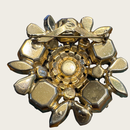 Vintage Ruby Red Domed Rhinestone Brooch – 2 ½ Inch Gold Tone Floral Statement Pin, 1950s