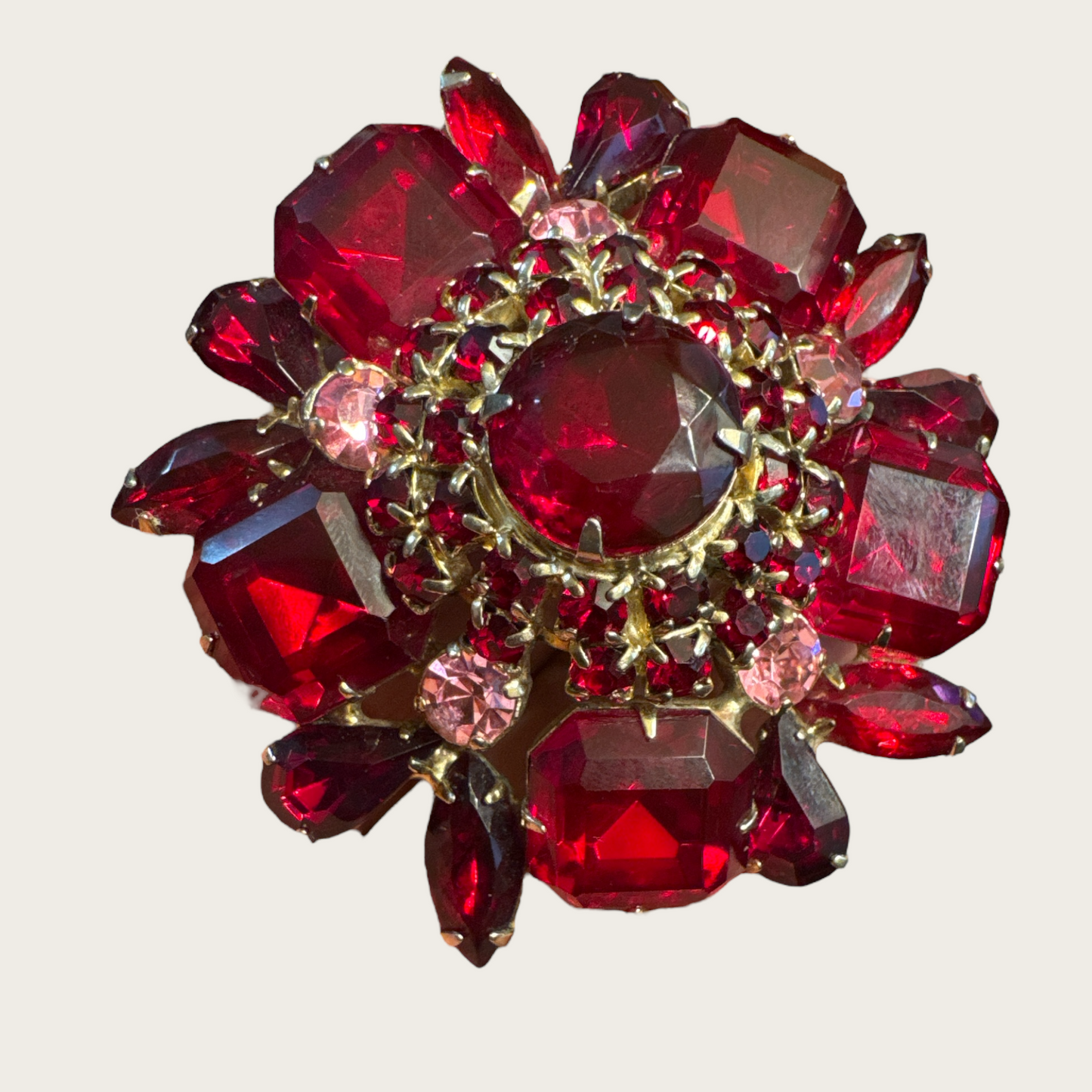 Vintage Ruby Red Domed Rhinestone Brooch – 2 ½ Inch Gold Tone Floral Statement Pin, 1950s